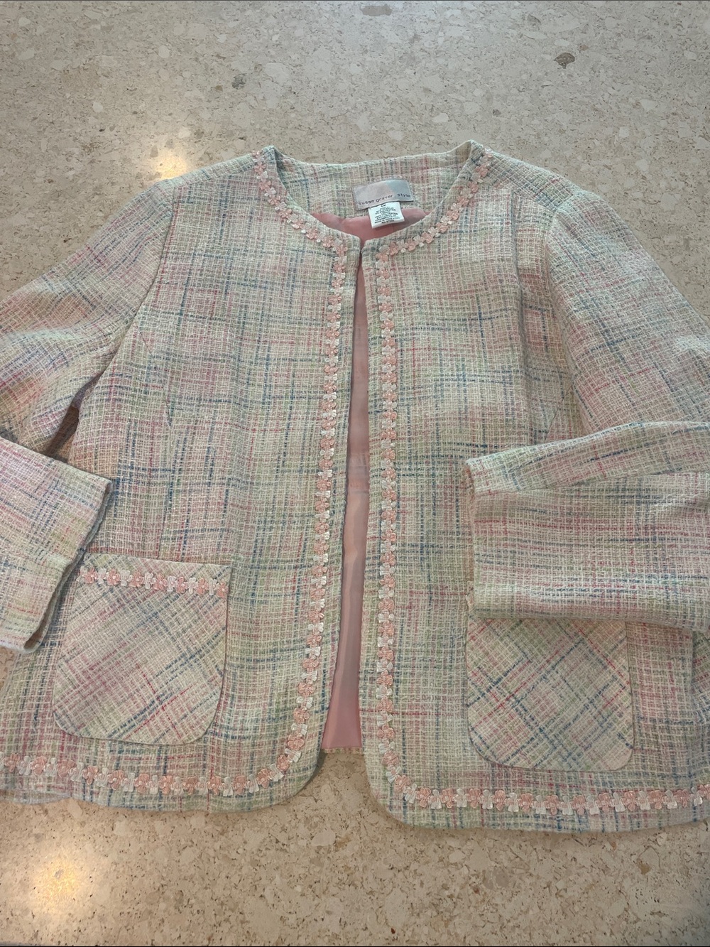Susan Graver Pastel Multi Tweed Collarless Jacket